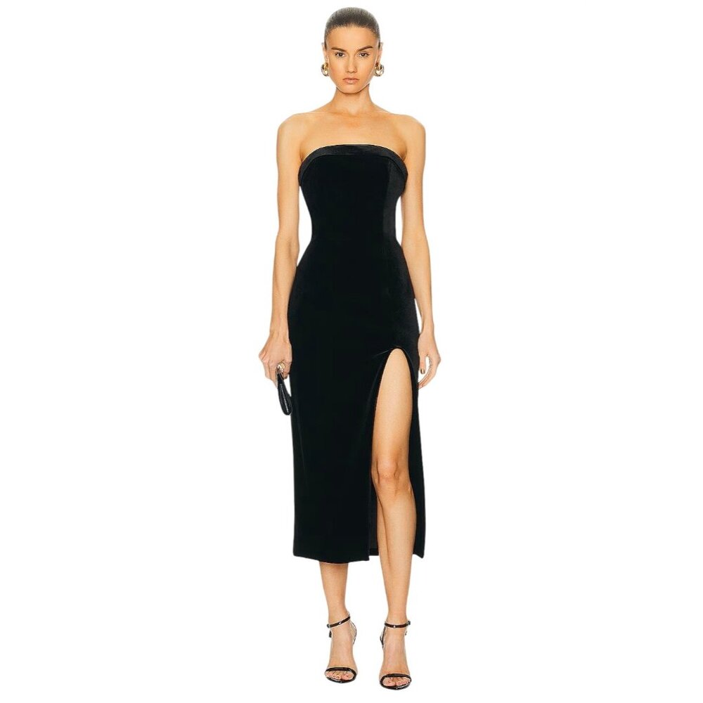 NICHOLAS Adiba Strapless Round Edge Midi Dress in Black 4 New Womens